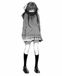 Rule 34 | 1girl, blush, bow, coat, crying, full body, greyscale, half-closed eyes, highres, jpeg artifacts, kawai makoto, kneehighs, loafers, monochrome, original, plaid, plaid bow, plaid ribbon, pleated skirt, ribbon, sad, scarf, scarf over mouth, school uniform, shoes, simple background, skirt, socks, solo, standing, tears, white background