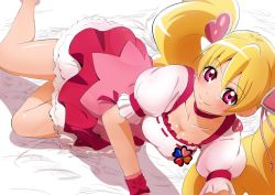 Rule 34 | 1girl, blonde hair, blush, breasts, choker, cleavage, closed mouth, collarbone, cure peach, earrings, eyelashes, fresh precure!, fuchi (nightmare), hair between eyes, hair ornament, heart, heart earrings, heart hair ornament, jewelry, layered skirt, lens flare, long hair, looking at viewer, medium breasts, miniskirt, pink shirt, pleated skirt, precure, red choker, red eyes, red skirt, shiny skin, shirt, short sleeves, skirt, smile, solo, twintails, two-tone skirt, underbust, very long hair