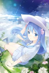 Rule 34 | 1girl, ama mitsuki, blue eyes, blue hair, blue sky, blush, closed mouth, cloud, cloudy sky, commentary request, day, dress, emori miku, flower, frilled dress, frills, from above, grass, hair flower, hair ornament, hat, highres, liver city, long hair, looking at viewer, looking up, outdoors, short sleeves, sitting, sky, solo, very long hair, white dress, white hat