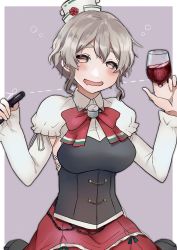 Rule 34 | 1girl, absurdres, alternate hair length, alternate hairstyle, border, bottle, brown eyes, commentary request, corset, cup, drinking glass, drooling, drunk, grey background, grey hair, hat, highres, holding, holding bottle, huge filesize, kantai collection, long sleeves, looking at viewer, mini hat, pola (kancolle), red skirt, shirt, short hair, sitting, skirt, solo, squeans, thick eyebrows, tilted headwear, toriniku senshi chikinman, two-tone background, wariza, wavy hair, white border, white shirt, wine bottle, wine glass