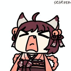 Rule 34 | &gt; &lt;, 1girl, ahoge, animal ears, animated, animated gif, cat ears, fang, ichihime, japanese clothes, kimono, lowres, mahjong soul, open mouth, seseren, short hair, shouting