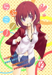 Rule 34 | 00s, 1girl, bad id, bad pixiv id, blue skirt, blush, breasts, cleavage, collarbone, jacket, kushieda minori, long sleeves, looking at viewer, miniskirt, mitsuki meia, mouth hold, open clothes, open jacket, red eyes, red hair, school uniform, shirt, short hair, skirt, solo, toradora!, white shirt