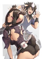Rule 34 | 1boy, 1girl, animal ears, armor, ass, blush, breasts, brown hair, embarrassed, facial mark, fire emblem, fire emblem awakening, flying sweatdrops, from behind, gonzarez, highres, leaning, leaning forward, long hair, looking at viewer, looking back, medium breasts, mother and son, multicolored hair, nintendo, open mouth, panne (fire emblem), red eyes, streaked hair, tail, white hair, yarne (fire emblem)