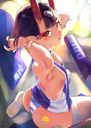 Rule 34 | 1girl, absurdres, armpits, arms up, ass, back, basketball, basketball uniform, bob cut, breasts, contemporary, eyeliner, fate/grand order, fate (series), forehead jewel, from above, from behind, heart, highres, horns, light rays, looking at viewer, makeup, no bra, no pants, okoru ringo, oni, open mouth, panties, purple eyes, purple hair, short eyebrows, short hair, shuten douji (fate), sitting, skin-covered horns, small breasts, solo, sportswear, star (symbol), star print, striped clothes, striped panties, teeth, thighhighs, underwear, upper teeth only, white thighhighs
