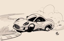 Rule 34 | artist name, car, caterham, caterham project v, chibi, commentary, drifting, english commentary, grass, highres, leaf, monochrome, motor vehicle, no humans, original, racetrack, sepia, sports car, vehicle focus, will pierce