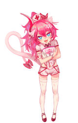 Rule 34 | 1girl, :d, absurdres, alternate costume, anlark, arm ribbon, armband, artist name, bangle, blue eyes, blush, bow, bracelet, bright pupils, character name, cherry print, collared shirt, commentary request, cross, crossed arms, english text, fang, first aid kit, food print, full body, greek cross, hair between eyes, hair bow, hair ornament, hair ribbon, hat, high ponytail, highres, holding, honkai (series), honkai impact 3rd, id card, jewelry, lace, lace-trimmed legwear, lace trim, lanyard, long hair, looking at viewer, mary janes, neck ribbon, nostrils, nurse, nurse cap, open mouth, pink hair, pink lips, ponytail, red footwear, red ribbon, ribbon, rozaliya olenyeva, shirt, shoes, short eyebrows, short shorts, shorts, signature, simple background, skin fang, skindentation, smile, solo, standing, star (symbol), star hair ornament, tail, thick eyebrows, thighhighs, white armband, white background, white bow, white pupils, white thighhighs, wing collar, zettai ryouiki