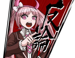 Rule 34 | 1girl, black jacket, border, bow, collared jacket, collared shirt, danganronpa (series), danganronpa another episode: ultra despair girls, eyebrows, female focus, hair bow, hairband, hand on own hip, hand up, headband, horns, jacket, japanese text, long hair, long sleeves, looking at viewer, motion lines, open mouth, pink eyes, pink hair, pink hairband, pink headband, pink headwear, pink horns, pink ribbon, pointy ears, polka dot, polka dot bow, red background, ribbon, shirt, shouting, solo, solo focus, teeth, tongue, twintails, upper body, upper teeth only, utsugi kotoko, white border, white bow, white shirt