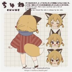 Rule 34 | &gt; &lt;, 1girl, 3d, :3, animal ear fluff, animal ears, animated, artist name, bandaid, bandaid on leg, blonde hair, blue scarf, blush, brown eyes, character name, character profile, closed eyes, english text, expressions, fox ears, fox girl, fox tail, grid background, hamuketsu, haori, japanese clothes, looking at viewer, looping animation, mixed-language text, original, sandals, scarf, short twintails, shorts, socks, solo, standing, tail, twintails, video, vrchat, watermark, web address