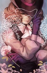 Rule 34 | 10s, 1girl, artist name, brown hair, curly hair, closed eyes, flower, gloves, hat, head down, highres, leaf, okumura haru, persona, persona 5, puffy sleeves, purple gloves, rose, sangcoon, signature, smile, solo, upper body, vest, white flower, white rose