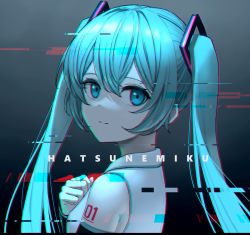 Rule 34 | 1girl, aqua eyes, aqua hair, breasts, character name, commentary, detached sleeves, from side, glitch, gradient background, grey background, hair ornament, hand on own chest, hatsune miku, kawara pigeon, long hair, looking at viewer, shoulder tattoo, small breasts, solo, tattoo, twintails, upper body, vocaloid