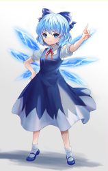 Rule 34 | 1girl, arm up, blue dress, blue eyes, blue footwear, blue hair, blush, bow, cirno, collared shirt, commentary request, dress, full body, green bow, hair bow, hand on own hip, highres, ice, ice wings, index finger raised, looking at viewer, mary janes, natsume k, neck ribbon, pinafore dress, puffy short sleeves, puffy sleeves, red ribbon, ribbon, shirt, shoes, short hair, short sleeves, simple background, sleeveless dress, socks, solo, standing, touhou, v-shaped eyebrows, white background, white shirt, white socks, wing collar, wings