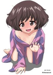 Rule 34 | 10s, 1girl, akiyama yukari, all fours, arm support, barefoot, blush, brown eyes, brown hair, claw pose, commentary, full-face blush, full body, girls und panzer, highres, japanese clothes, kimono, kimono pull, kneeling, long sleeves, looking at viewer, messy hair, one-hour drawing challenge, open mouth, pink kimono, shadow, shiina excel, short hair, simple background, smile, solo, white background, wide sleeves