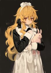 Rule 34 | 1girl, alternate costume, apron, black background, black sleeves, blonde hair, closed mouth, collarbone, cowboy shot, dot nose, enmaided, expressionless, hand on own chest, haru (ririne9999rine), headdress, highres, holding, holding stuffed toy, jitome, kirisame marisa, long hair, long sleeves, looking at viewer, maid, messy hair, sidelocks, simple background, solo, stuffed animal, stuffed rabbit, stuffed toy, touhou, white apron, yellow eyes