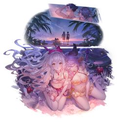 Rule 34 | 2boys, 2girls, alternate costume, animal ears, anklet, baal (granblue fantasy), bare shoulders, bikini, black hair, breasts, cleavage, closed eyes, granblue fantasy, hair ornament, hair ribbon, jewelry, large breasts, long hair, looking at viewer, medusa (shingeki no bahamut), medusa (summer) (granblue fantasy), multiple boys, multiple girls, navel, necklace, nezha (granblue fantasy), ocean, official alternate costume, official art, parted lips, pink ribbon, ponytail, red eyes, ribbon, sandals, satyr (granblue fantasy), shoes, short hair, sitting, small breasts, standing, swimsuit, transparent background, unworn shoes, very long hair, wariza, white bikini, yellow bikini