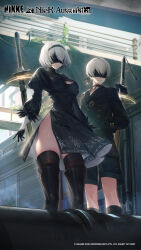 Rule 34 | 1boy, 1girl, 2b (nier:automata), 9s (nier:automata), black blindfold, black dress, black gloves, black hairband, black thighhighs, blindfold, boots, breasts, choker, clothing cutout, dress, gloves, goddess of victory: nikke, hairband, highres, juliet sleeves, long sleeves, medium breasts, mole, mole under mouth, nier:automata, nier (series), puffy sleeves, short hair, shorts, thighhighs, white hair