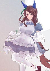 Rule 34 | 1girl, alternate costume, animal ears, apron, blue dress, bow, brown eyes, brown hair, dress, ear covers, elbow gloves, enmaided, frilled apron, frills, gloves, green bow, hair bow, highres, hinokey (hinokey0126), horse ears, horse girl, horse tail, king halo (umamusume), leg up, long hair, looking at viewer, maid, maid apron, pantyhose, puffy short sleeves, puffy sleeves, short sleeves, signature, smile, solo, swept bangs, tail, umamusume, waist apron, white apron, white gloves, white pantyhose