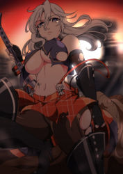 Rule 34 | 10s, 1girl, alisa ilinichina amiella, black footwear, black pantyhose, blue eyes, boots, breasts, elbow gloves, female focus, fingerless gloves, gloves, god eater, god eater burst, high heel boots, high heels, large breasts, long hair, navel, pantyhose, plaid, skirt, solo, suga leon, suspender skirt, suspenders, thigh boots, thighhighs, torn clothes, torn legwear, underboob, weapon