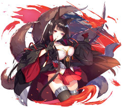 Rule 34 | 1girl, abusoru, akagi (azur lane), animal ears, azur lane, black gloves, black hair, black thighhighs, breasts, cleavage, closed mouth, cropped legs, fire, fox ears, fox tail, gloves, highres, japanese clothes, large breasts, long hair, miniskirt, multiple tails, partially fingerless gloves, red eyes, red skirt, simple background, skirt, smile, solo, tail, thighhighs, white background, wide sleeves