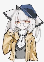 Rule 34 | 1girl, alternate costume, arknights, coat, commentary request, error1980, hand up, high collar, highres, long hair, looking at viewer, low-cut, open clothes, open coat, orange eyes, ptilopsis (arknights), round eyewear, simple background, sleeves past wrists, solo, sweater, white background, white hair, white sweater
