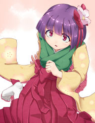 Rule 34 | 1girl, aya shachou, blush, female focus, flower, from above, hair flower, hair ornament, hieda no akyuu, japanese clothes, kimono, looking up, no shoes, open mouth, purple hair, red eyes, short hair, sitting, solo, tabi, touhou