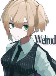 Rule 34 | 1girl, black corset, black necktie, blonde hair, braid, breasts, character name, closed mouth, collared shirt, commentary request, corset, expressionless, girls&#039; frontline, green eyes, hair between eyes, highres, looking at viewer, necktie, shirt, short hair, simple background, sirayukisiu, small breasts, solo, striped, upper body, vest, welrod mkii (girls&#039; frontline), white background