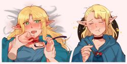 Rule 34 | 2girls, blonde hair, blue robe, blue shirt, blush, choker, closed eyes, commentary, congee (hedgehrok), crying, crying with eyes open, dungeon meshi, ear blush, elf, falin touden, female pov, fork, from above, green eyes, highres, holding, holding another&#039;s wrist, holding fork, leash, long hair, lying, marcille donato, multiple girls, on back, on bed, pointy ears, pov, red choker, robe, shirt, tears, yuri