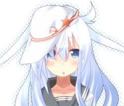 Rule 34 | 10s, 1girl, blue eyes, blush, eyes visible through hair, hammer and sickle, hat, hibiki (kancolle), kantai collection, long hair, looking at viewer, miiyon, open mouth, silver hair, solo, star (symbol), triangle mouth, verniy (kancolle), white hat