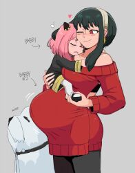 Rule 34 | 2girls, anya (spy x family), bare shoulders, big belly, black hair, bond (spy x family), braid, braided bun, breasts, carrying, carrying person, collarbone, cone hair bun, cowboy shot, dog, drooling, earrings, english text, hair bun, hairband, heart, highres, jewelry, large breasts, long hair, looking at another, medium hair, mother and daughter, motion lines, multiple girls, noodlemage, one eye closed, pantyhose, pink hair, pregnant, red eyes, red sweater, school uniform, shoes, sidelocks, sleeping, smile, spy x family, standing, sweater, yor briar