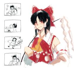 Rule 34 | 3girls, 4koma, absurdres, anger vein, angry, ascot, aura, bare shoulders, black hair, bow, chibi, closed mouth, comic, crawling, cropped torso, detached sleeves, doremy sweet, dreaming, gohei, hair bow, hair tubes, hakurei reimu, highres, komano aunn, laundry, long hair, looking at viewer, lying, multiple girls, on back, over shoulder, parted bangs, paw print, paw print pattern, red bow, red eyes, red skirt, ribbon-trimmed sleeves, ribbon trim, silent comic, simple background, sinonon218, skirt, skirt set, sleeping, smile, standing, touhou, washing machine, white background, wily beast and weakest creature, yellow ascot