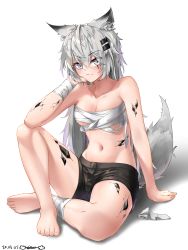 Rule 34 | 1girl, absurdres, animal ear fluff, animal ears, arknights, arm support, bandaged arm, bandages, bare arms, bare shoulders, black shorts, breasts, chest sarashi, cleavage, commentary request, grey eyes, hair between eyes, hair ornament, hairclip, highres, knee up, lappland (arknights), long hair, looking at viewer, material growth, midriff, navel, oripathy lesion (arknights), rei (9086), sarashi, scar, scar across eye, scar on face, shadow, short shorts, shorts, silver hair, simple background, sitting, small breasts, solo, stomach, thighs, white background, wolf ears