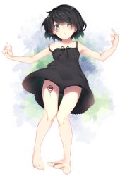 Rule 34 | 1girl, bad id, bad pixiv id, bare arms, bare legs, bare shoulders, barefoot, black dress, black hair, black panties, blush, collarbone, commentary request, dress, green eyes, hair over one eye, highres, looking at viewer, original, otokuyou, panties, parted lips, short hair, sleeveless, sleeveless dress, soles, solo, toenails, underwear