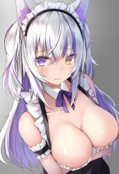 Rule 34 | 1girl, :s, absurdres, animal ear fluff, animal ears, arm garter, arm under breasts, bare shoulders, blush, breasts, cleavage, closed mouth, collarbone, commentary request, detached collar, frills, frown, gradient background, grey background, heterochromia, highres, kurohikage, large breasts, long hair, looking at viewer, maid, maid headdress, neck ribbon, orange eyes, original, purple eyes, purple ribbon, ribbon, silver hair, sleeveless, solo, straight hair, tearing up, tears, two side up, upper body