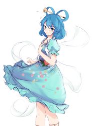 Rule 34 | 1girl, blue dress, blue eyes, blue hair, chisel, closed mouth, commentary, dress, english commentary, floral print, flower, hagoromo, hair ornament, hair rings, hair stick, highres, kaku seiga, looking at viewer, orchid (orukido), pink flower, shawl, short hair, short sleeves, simple background, smile, solo, standing, touhou, vest, white background, white vest