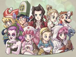 Rule 34 | 2boys, aerith gainsborough, bare shoulders, blonde hair, blue eyes, breasts, brown hair, charlotte (seiken densetsu 3), chrono trigger, clift, closed mouth, creatures (company), crossover, dr. mario, dr. mario (game), dragon quest, dragon quest iii, dragon quest iv, earrings, facial hair, final fantasy, final fantasy vii, game freak, gloves, great fairy (zelda), green eyes, hand on own chin, hat, highres, holding, holding poke ball, hood, hood up, jester cap, jewelry, joy (pokemon), long hair, looking at viewer, mario, mario (series), marle (chrono trigger), medium hair, multiple boys, multiple crossover, multiple girls, mustache, nintendo, nurse, nurse cap, own hands clasped, own hands together, pink hair, poke ball, poke ball (basic), pokemon, pokemon (anime), ponytail, red headwear, sage (dq3), seiken densetsu, seiken densetsu 3, short hair, smile, square enix, stroking own chin, the legend of zelda, trait connection, white gloves, white headwear, white mage (final fantasy), yuto sakurai