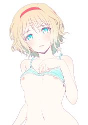Rule 34 | 1girl, absurdres, alice margatroid, bare arms, bare shoulders, blonde hair, blue bra, blue eyes, blush, bra, bra lift, breasts, collarbone, commentary request, hair between eyes, hairband, hand up, head tilt, highres, looking at viewer, navel, nipples, nirap, parted lips, red hairband, short hair, simple background, small breasts, solo, stomach, touhou, underwear, upper body, white background