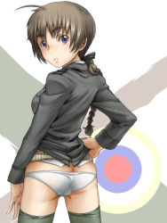 Rule 34 | 1girl, ahoge, ass, blush, braid, braided ponytail, brown hair, butt crack, eyebrows, from behind, hand on own hip, long hair, looking back, lynette bishop, panties, parted lips, purple eyes, single braid, solo, strike witches, tabigarasu, thighhighs, underwear, white panties, world witches series