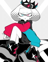 Rule 34 | 1girl, crossed arms, crown, grey background, greyscale, higa423, hood, hoodie, inkling player character, jewelry, mole, mole under mouth, monochrome, nintendo, open mouth, pearl (splatoon), ring, sitting, solo, splatoon (series), splatoon 2, spot color