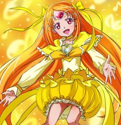 Rule 34 | 10s, 1girl, bow, brooch, bubble skirt, capelet, choker, cure muse, cure muse (yellow), eyelashes, haruyama kazunori, heart, jewelry, long hair, looking at viewer, magical girl, musical note, open mouth, orange hair, pink eyes, precure, red eyes, ribbon, shirabe ako, skirt, solo, suite precure, thighs, tiara, twintails, very long hair, yellow bow