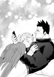 Rule 34 | 2boys, alternate costume, bara, boku no hero academia, casual, couple, endeavor (boku no hero academia), facial hair, feathered wings, from side, grabbing, greyscale, hawks (boku no hero academia), highres, holding, holding phone, large pectorals, male focus, mature male, monochrome, multiple boys, muscular, muscular male, p (pppppppppq), pectoral grab, pectoral pillow, pectorals, phone, profile, scar, scar across eye, scar on face, short hair, sideburns, sleeping, sleeping on person, spiked hair, stubble, upper body, wings, yaoi