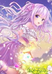 Rule 34 | 1girl, bare shoulders, bug, butterfly, dress, eyebrows, hair ribbon, highres, holding, holding lantern, insect, kneeling, lantern, long hair, looking at viewer, momo moyon, moyon, one side up, open mouth, original, outdoors, pink ribbon, purple eyes, ribbon, silver hair, solo, strapless, strapless dress
