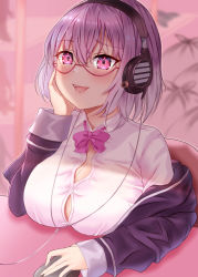 Rule 34 | 1girl, :d, akuakuran, blush, bow, bowtie, breasts, button gap, chair, cleavage, collared shirt, commentary request, glasses, gridman universe, hair between eyes, hand up, head rest, headphones, highres, holding mouse (computer), indoors, jacket, large breasts, left-handed, long sleeves, looking at viewer, mouse (computer), off shoulder, open mouth, pink-framed eyewear, pink eyes, pink hair, purple bow, purple bowtie, purple jacket, school uniform, shinjou akane, shirt, short hair, sidelocks, sitting, smile, solo, ssss.gridman, teeth, upper body, upper teeth only, white shirt