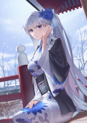 Rule 34 | 1girl, absurdres, black kimono, blue eyes, blue flower, bow, braid, fate/grand order, fate (series), floral print, flower, french braid, grey hair, grey kimono, hair bow, hair flower, hair ornament, haori, highres, japanese clothes, kimono, layered clothes, long hair, long sleeves, looking at viewer, morgan le fay (fate), morgan le fay (fgo fes. 2023) (fate), obi, ponytail, print kimono, sash, sidelocks, solo, sunflower print, very long hair, white kimono, wide sleeves, zero yee