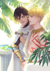 Rule 34 | 2boys, black hair, blonde hair, bracer, cape, dark skin, dark-skinned male, earrings, fate/grand order, fate (series), gilgamesh (fate), jewelry, lilianlotus, lily pad, looking at viewer, looking to the side, male focus, multiple boys, necklace, open mouth, ozymandias (fate), palm leaf, red eyes, sitting, smile, tattoo, water lily flower, yellow eyes