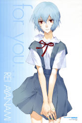 Rule 34 | 1girl, absurdres, ayanami rei, bandaid, bandaid on hand, blue hair, character name, cowboy shot, female focus, fingernails, gradient background, highres, looking at viewer, neck ribbon, neon genesis evangelion, okazaki takeshi, red eyes, ribbon, scan, school uniform, short hair, solo, v arms, white background