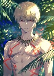 Rule 34 | 1boy, abs, bikkusama, blonde hair, blurry, blurry background, earrings, fate/grand order, fate (series), gilgamesh (fate), gold necklace, highres, jewelry, leaf, necklace, open mouth, plant, red eyes, short hair, solo, tattoo, topless male, water drop, wet