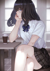 Rule 34 | 1girl, black-framed eyewear, black hair, black skirt, blue bow, blue bowtie, bow, bowtie, collared shirt, commentary, crossed legs, cup, disposable cup, dress shirt, elbow rest, glasses, grey eyes, hand on own face, head rest, highres, indoors, kaoming, long hair, looking at viewer, miniskirt, original, parted lips, plaid, plaid bow, plaid bowtie, plaid skirt, pleated skirt, profile, school uniform, shirt, shirt tucked in, short sleeves, sidelocks, sideways glance, sitting, skirt, solo, table, tile floor, tiles, very long hair, white shirt