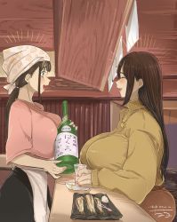 Rule 34 | 2girls, alcohol, apron, artist name, blush, bottle, breasts, brown hair, chichi8181, closed eyes, cup, feet out of frame, fish, food, from side, highres, holding, holding bottle, holding cup, huge breasts, jewelry, kotobuki haruna, large breasts, long hair, long sleeves, mature female, multiple girls, nail polish, necklace, open mouth, original, ponytail, short sleeves, signature, sitting, smile, standing, sweater, takanashi akiho (chichi8181)
