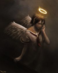 Rule 34 | 1girl, angel, angel wings, arm at side, brown hair, closed eyes, commentary, dark, dress, english commentary, feathered wings, haibane renmei, hair between eyes, halo, hand up, ili (ili104), light, light particles, neckerchief, nose, orange sailor collar, rakka (haibane), red neckerchief, sailor collar, short hair, short sleeves, solo, standing, white dress, white wings, wings