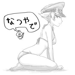 Rule 34 | 1girl, bikini, blush, breasts, closed mouth, erwin (girls und panzer), from side, girls und panzer, greyscale, hat, looking at viewer, medium breasts, military hat, monochrome, shinaso (sachi-machi), short hair, simple background, sketch, smile, solo, swimsuit