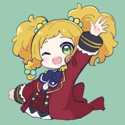Rule 34 | 1girl, ;d, aikatsu! (series), aikatsu stars!, arm up, blonde hair, blue bow, blush, bow, braid, chibi, commentary, cropped torso, forehead, green background, green eyes, hair bobbles, hair ornament, highres, jacket, long hair, looking at viewer, nikaido yuzu, nozo (hitomiz), one eye closed, open clothes, open jacket, open mouth, red jacket, red vest, revision, shirt, simple background, single braid, smile, solo, thick eyebrows, twintails, upper body, vest, white shirt
